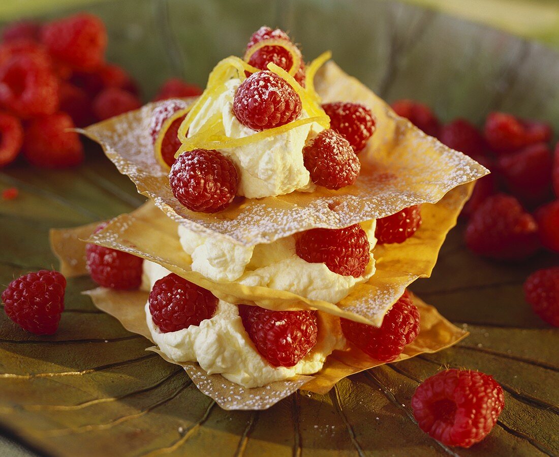 Tower of filo pastry and raspberries