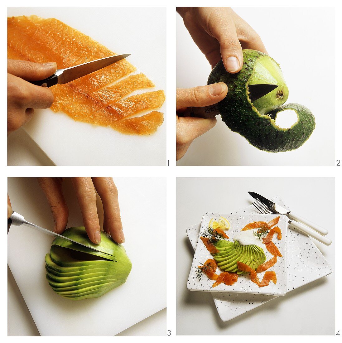 Preparing smoked salmon with avocado fan