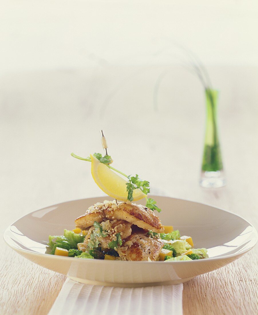 Spiess aus Hühnerbruststreifen auf Mango-Chinakohl-Salat