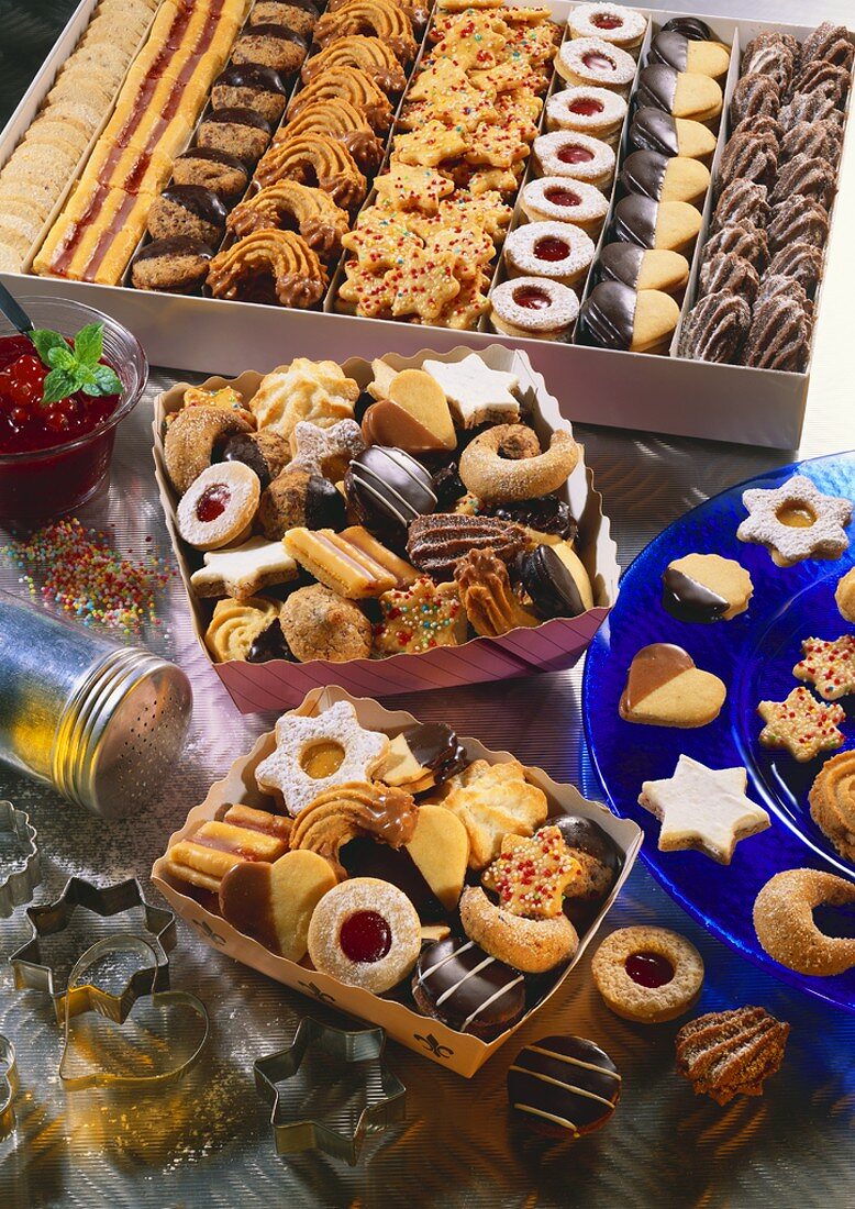 Various types of Christmas biscuits in boxes