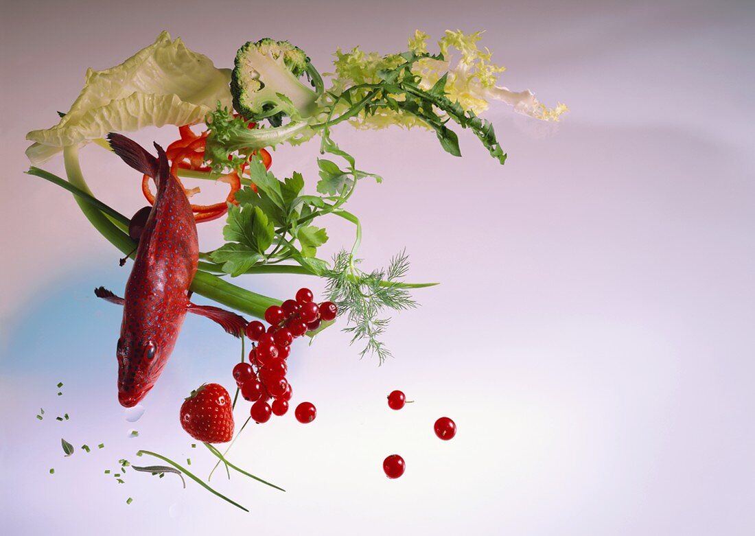 Still life: fish, fruit, salad, vegetables and herbs