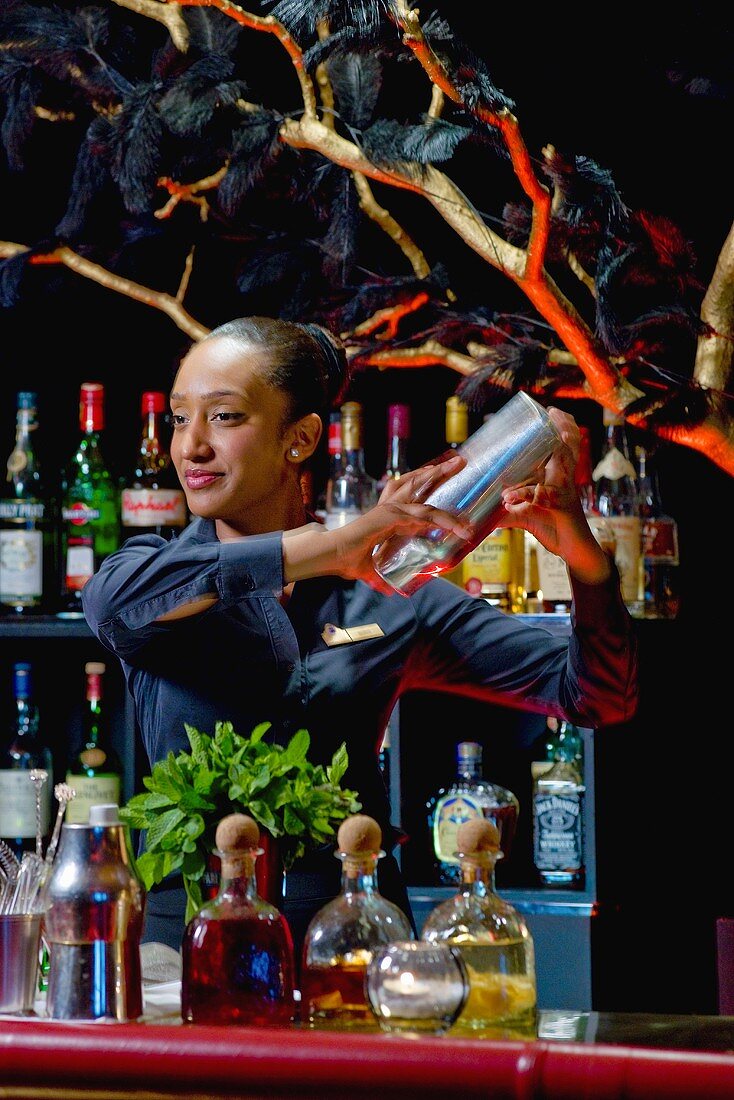 Frau mixt Cocktails in der Bar