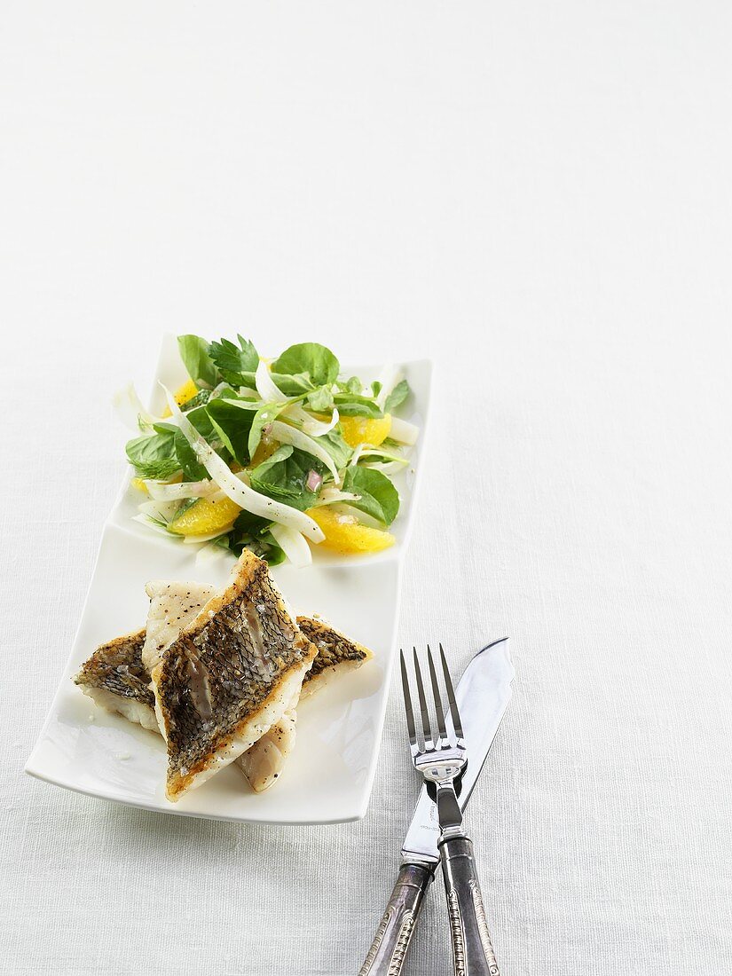 Fried sea bass fillets with side salad