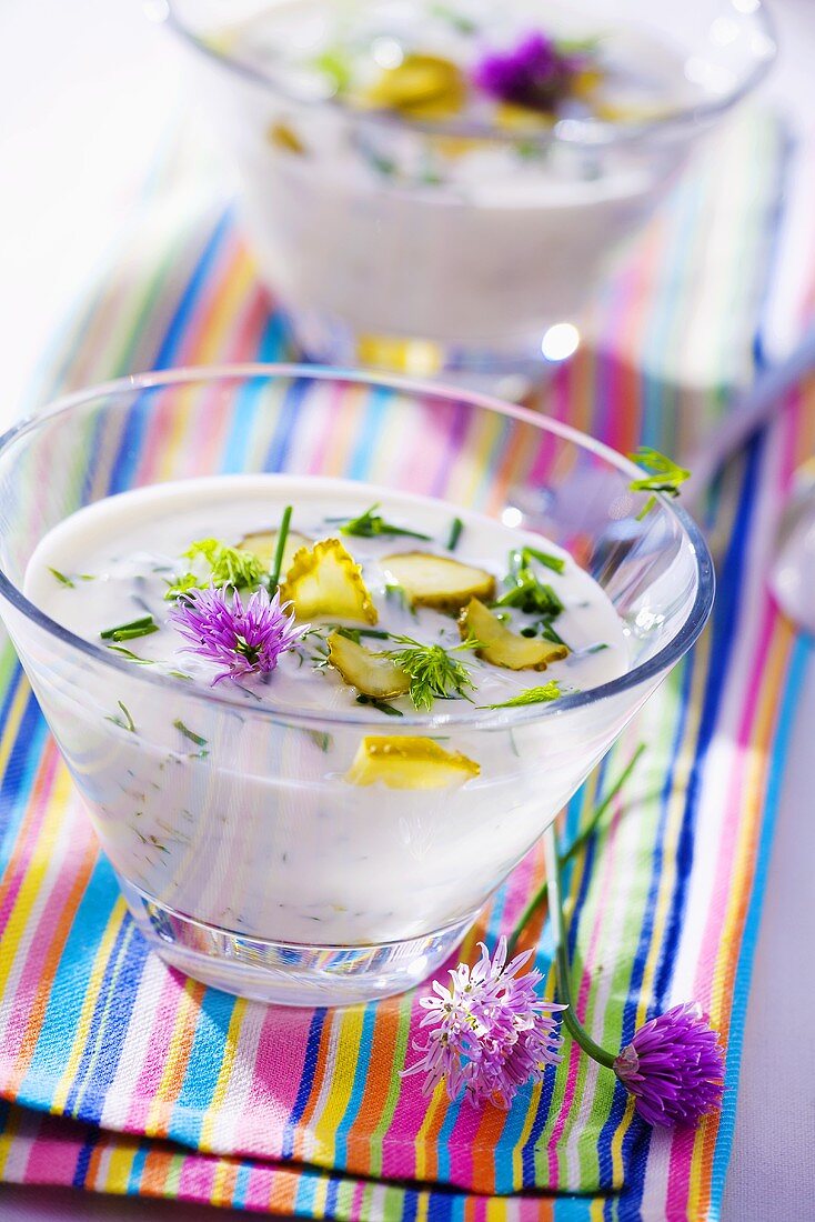Kalte Joghurtsuppe mit Essiggurken und Schnittlauch
