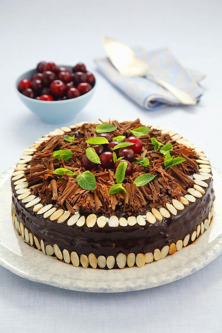 Chocolate cake with flaked almonds