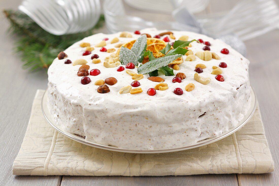 White cake with nuts for Christmas