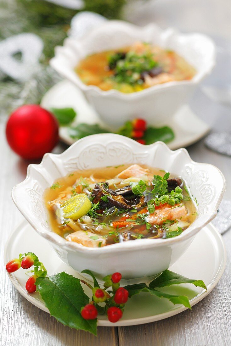 Salmon soup with dried mushrooms (Christmas)
