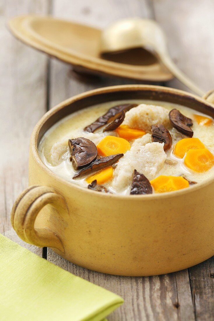 Suppe mit getrockneten Pilzen, Karotten & Kartoffelteignudeln