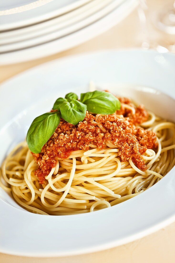 Spaghetti Bolognese mit Basilikum