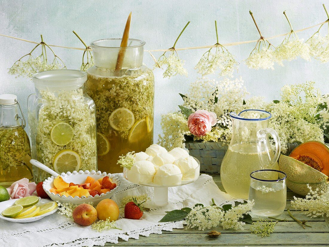 Still life with various elderflower products