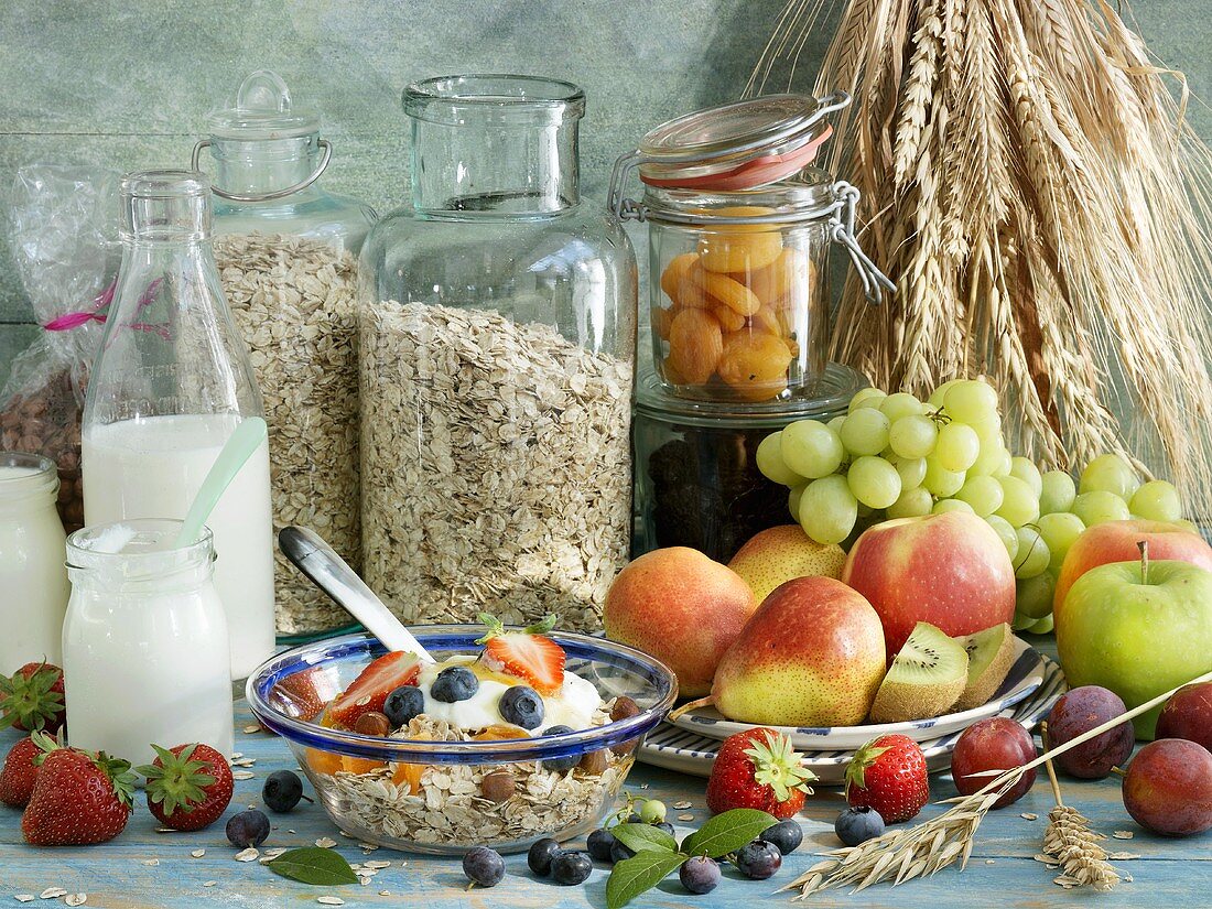 Muesli with fruit, milk and yoghurt