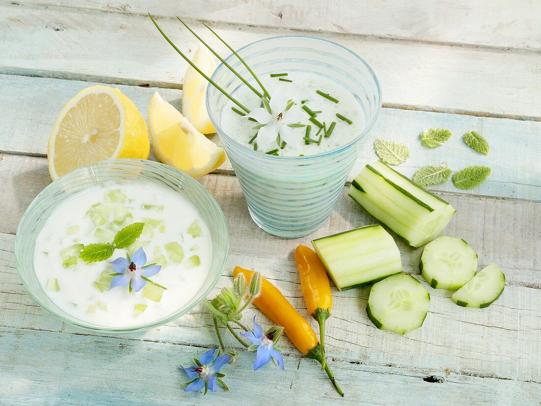 Tzatziki and yoghurt and chive dip with vegetables