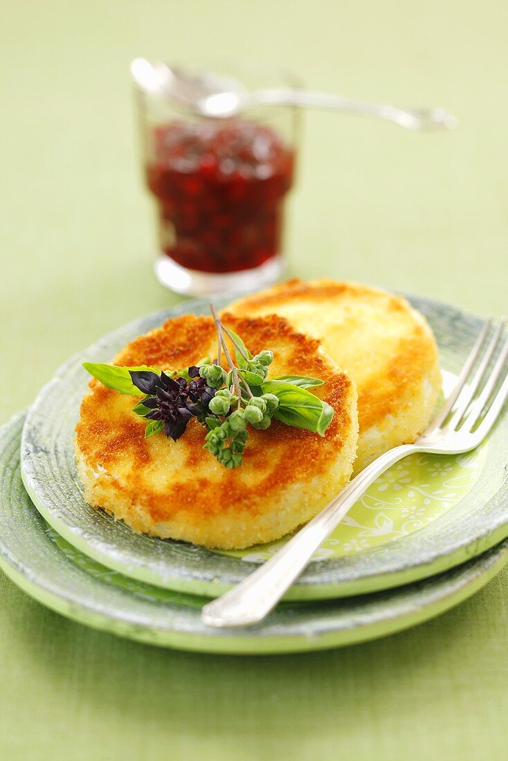 Deep-fried, breaded Camembert, cranberry jam