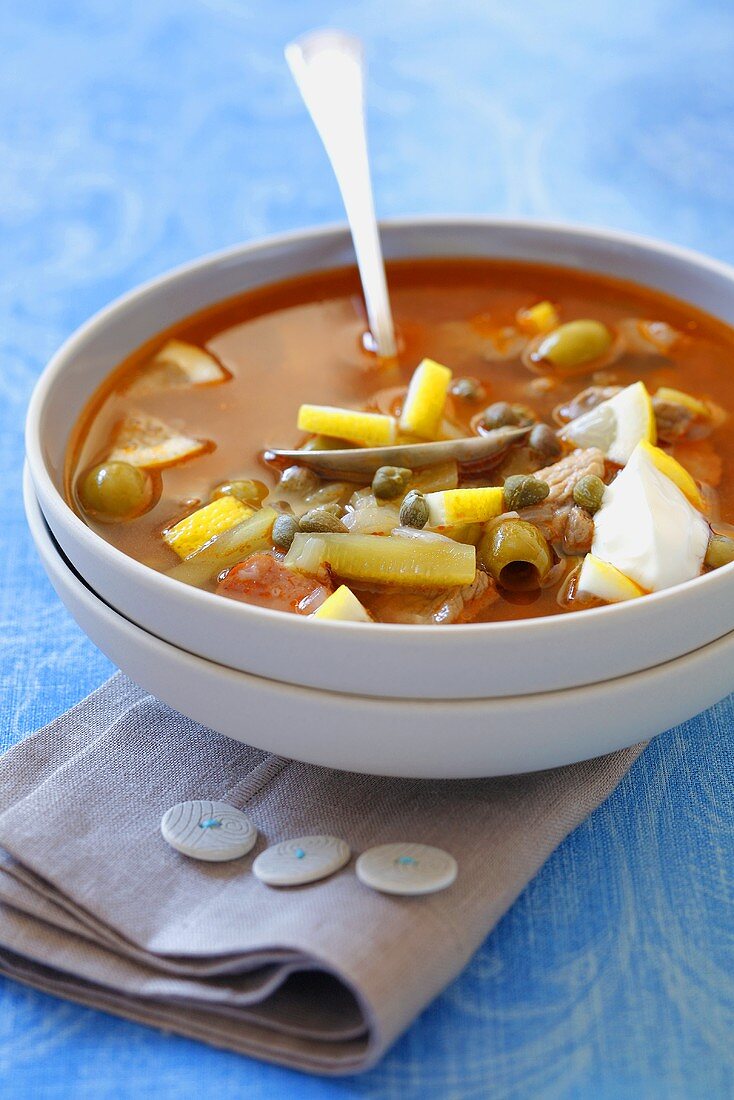 Solyanka (Meat and vegetable soup, Russia)