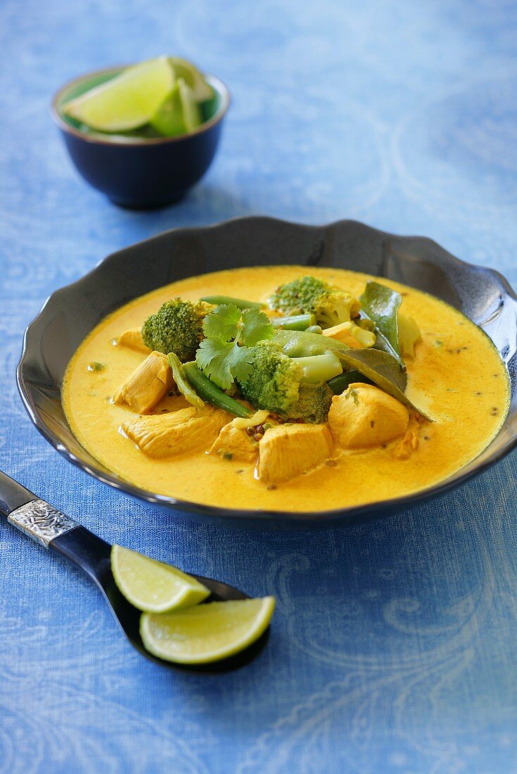 Currysuppe mit Hähnchen, Brokkoli und Koriandergrün