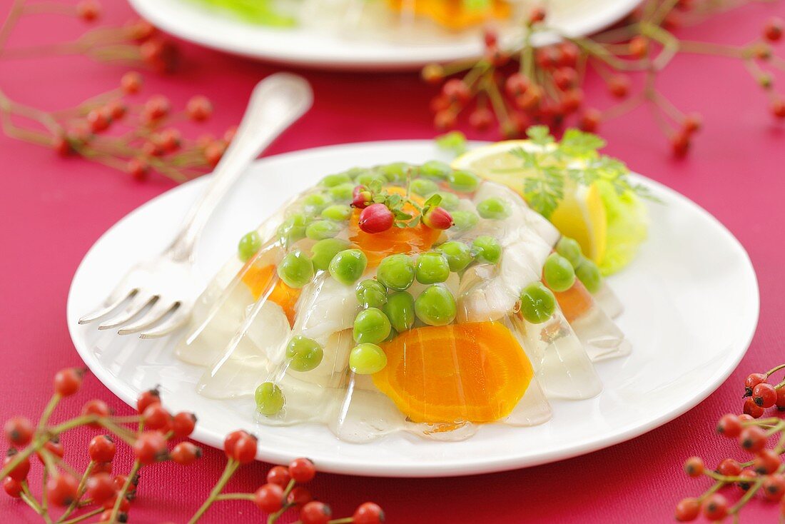 Fish, peas and carrots in aspic (Christmas)