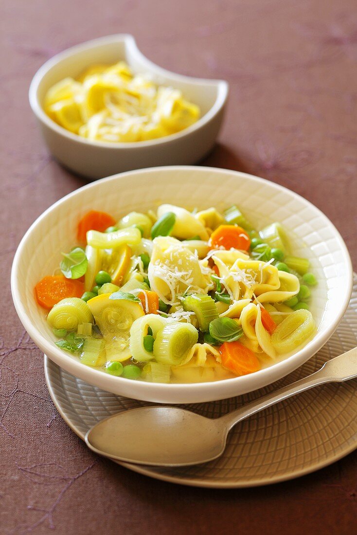 Minestrone mit Ravioli, Parmesan und Basilikum