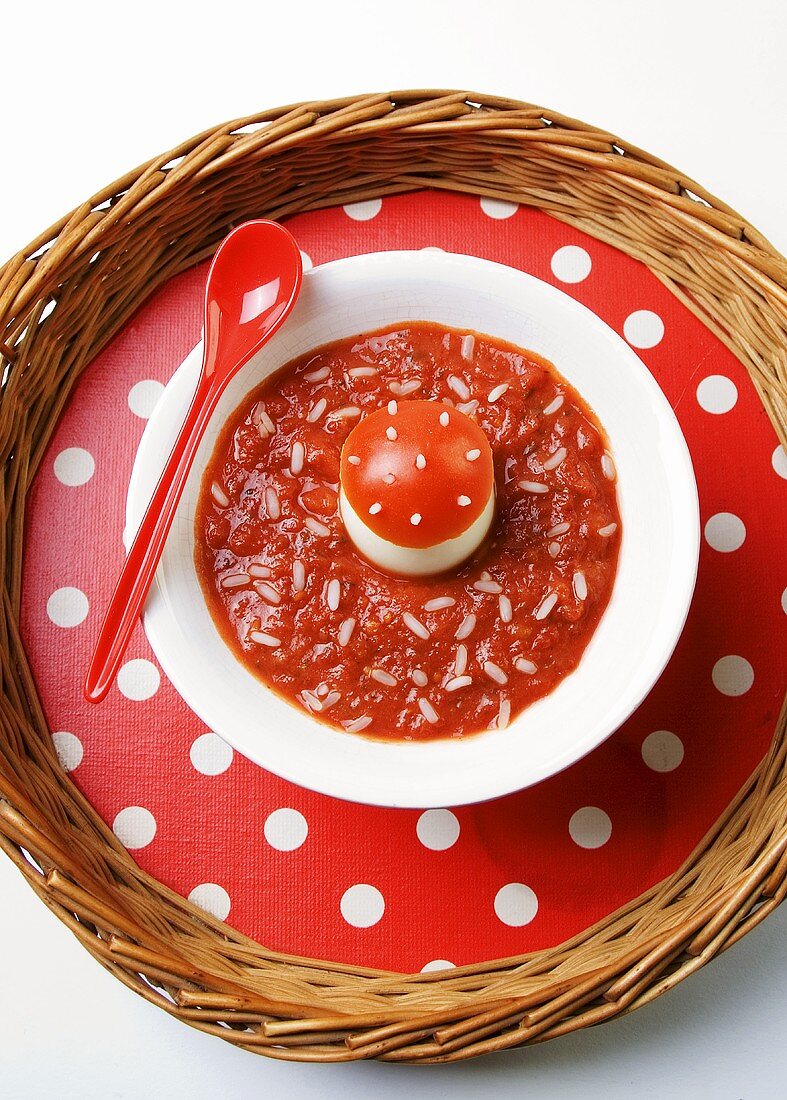 Tomato soup with rice and fly agaric (egg with tomato cap)