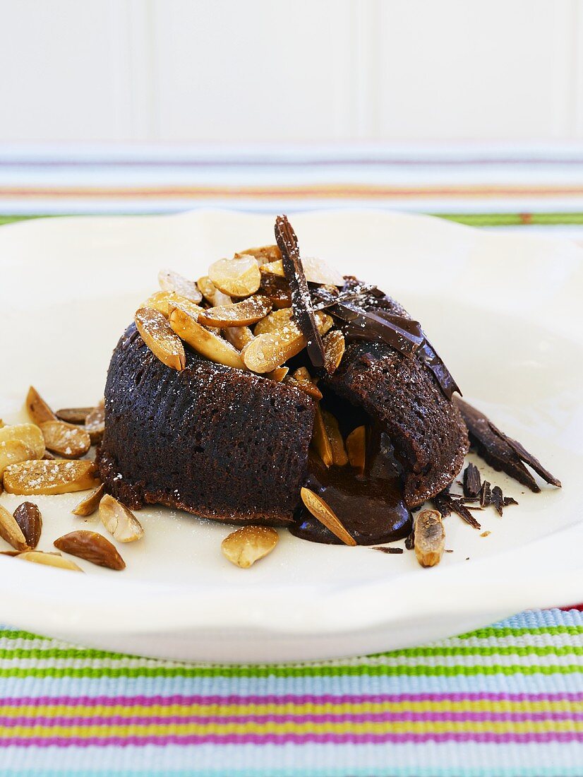 Molten chocolate pudding with toasted almonds