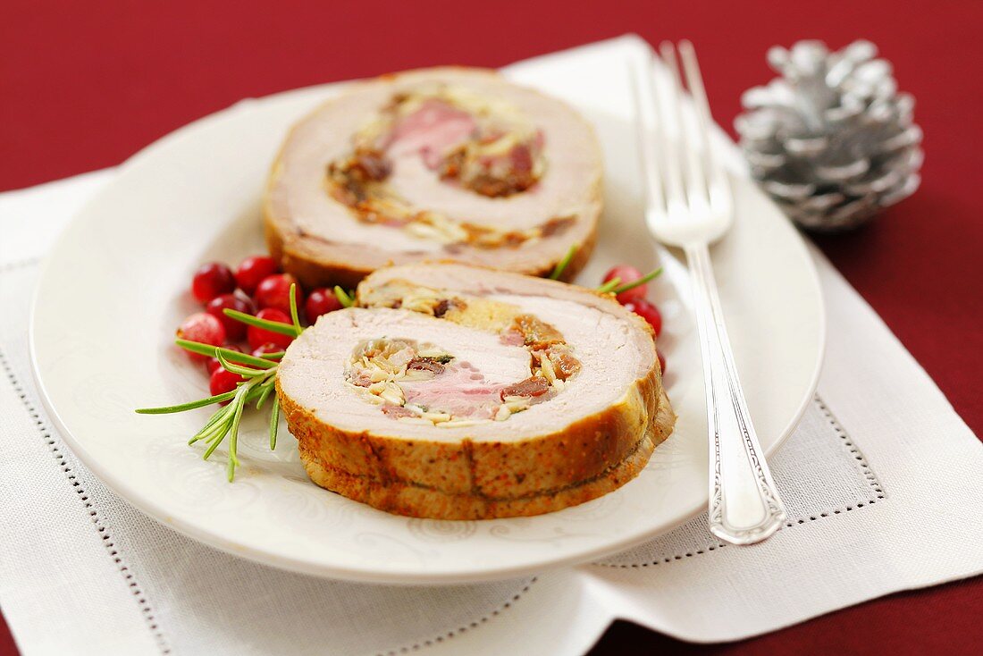 Roast pork roll with almond and raisin stuffing (Christmas)