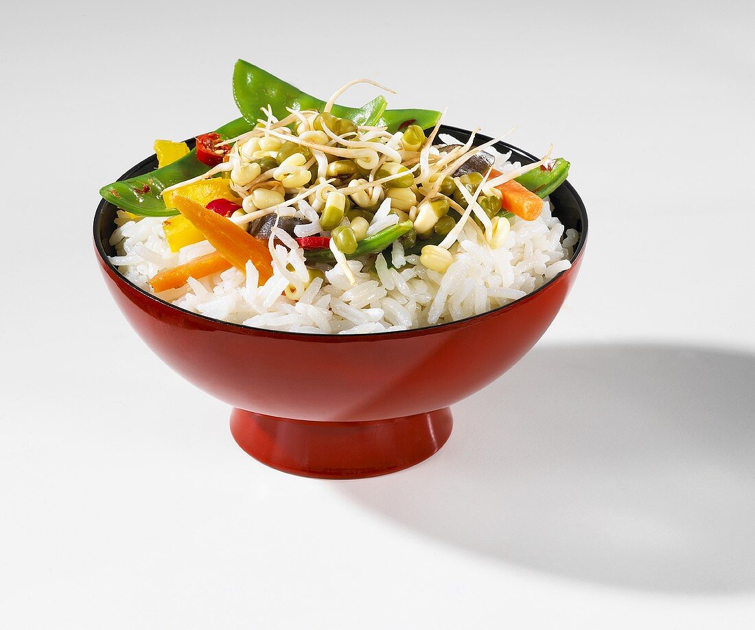Reis mit Gemüse und Mungobohnensprossen