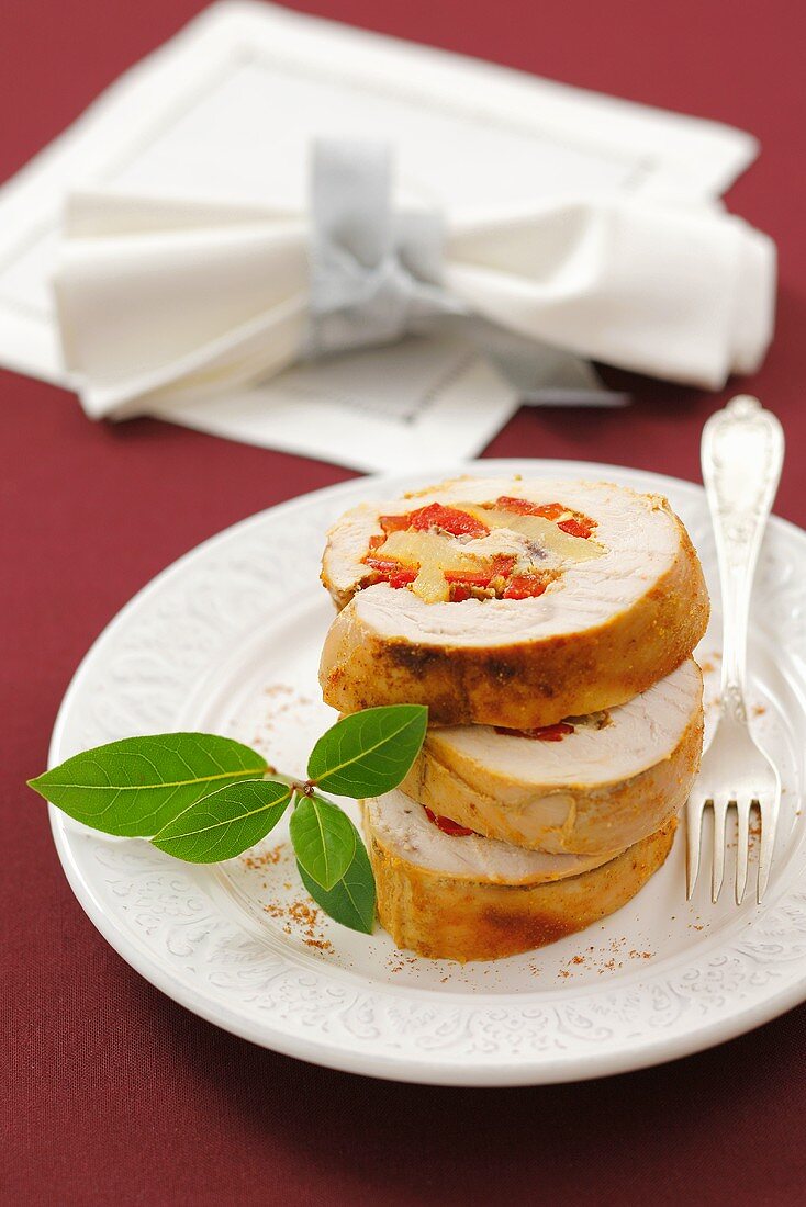 Roast turkey roll with red pepper and pineapple stuffing