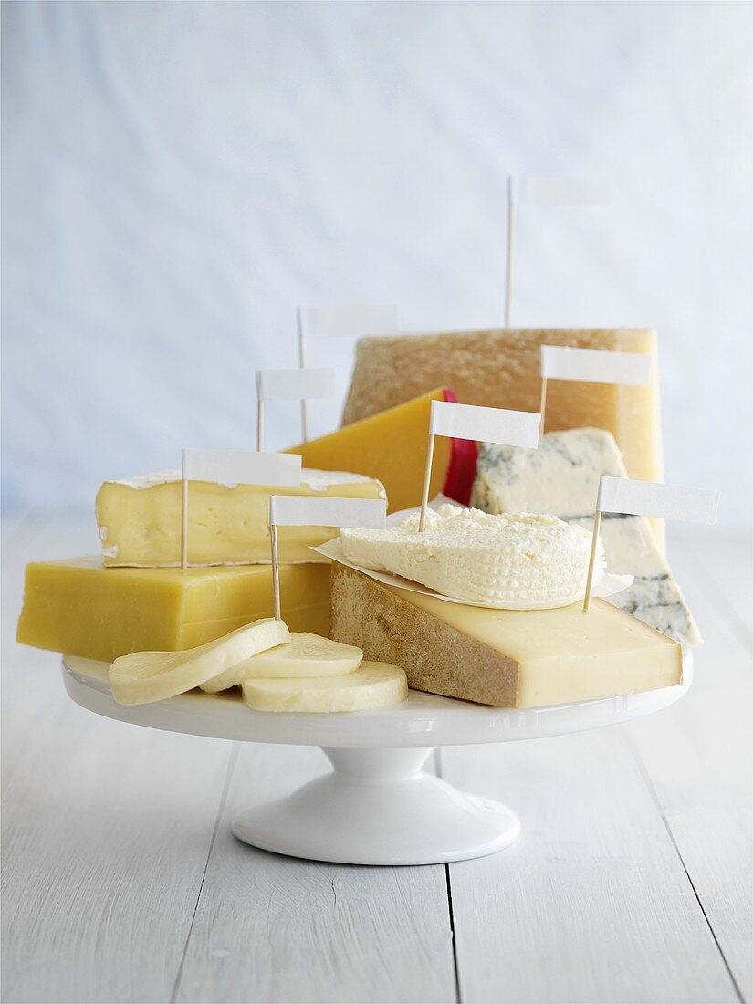 Various cheeses with labels on cake stand