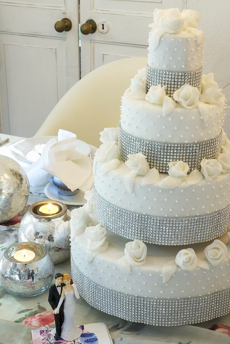 Wedding cake on table with decorations
