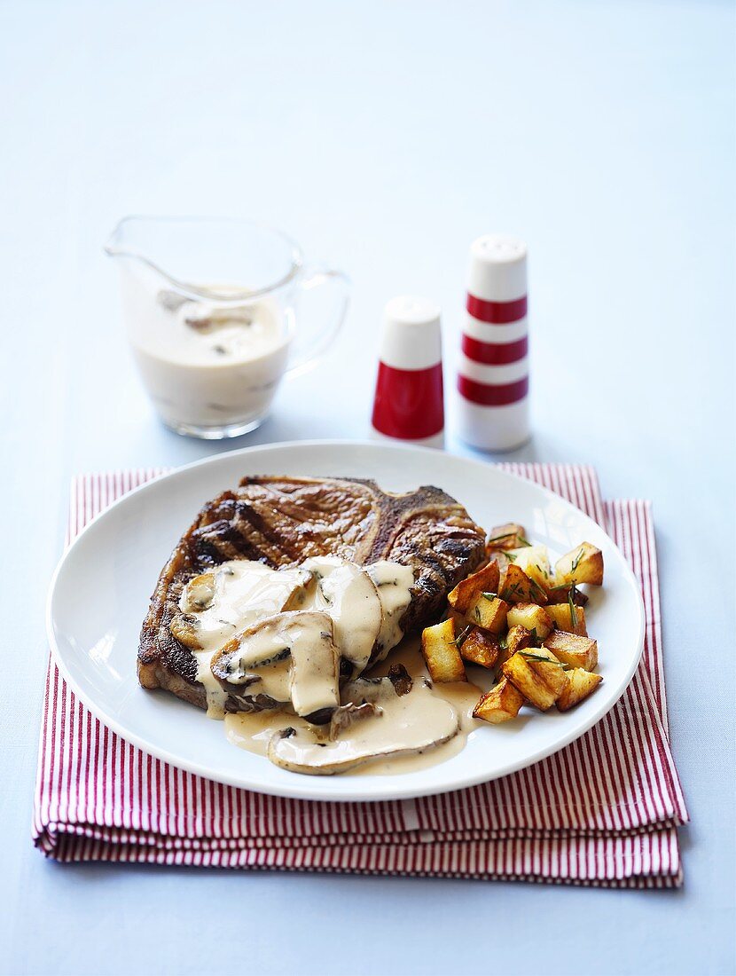Beefsteak with mushroom sauce and fried potatoes