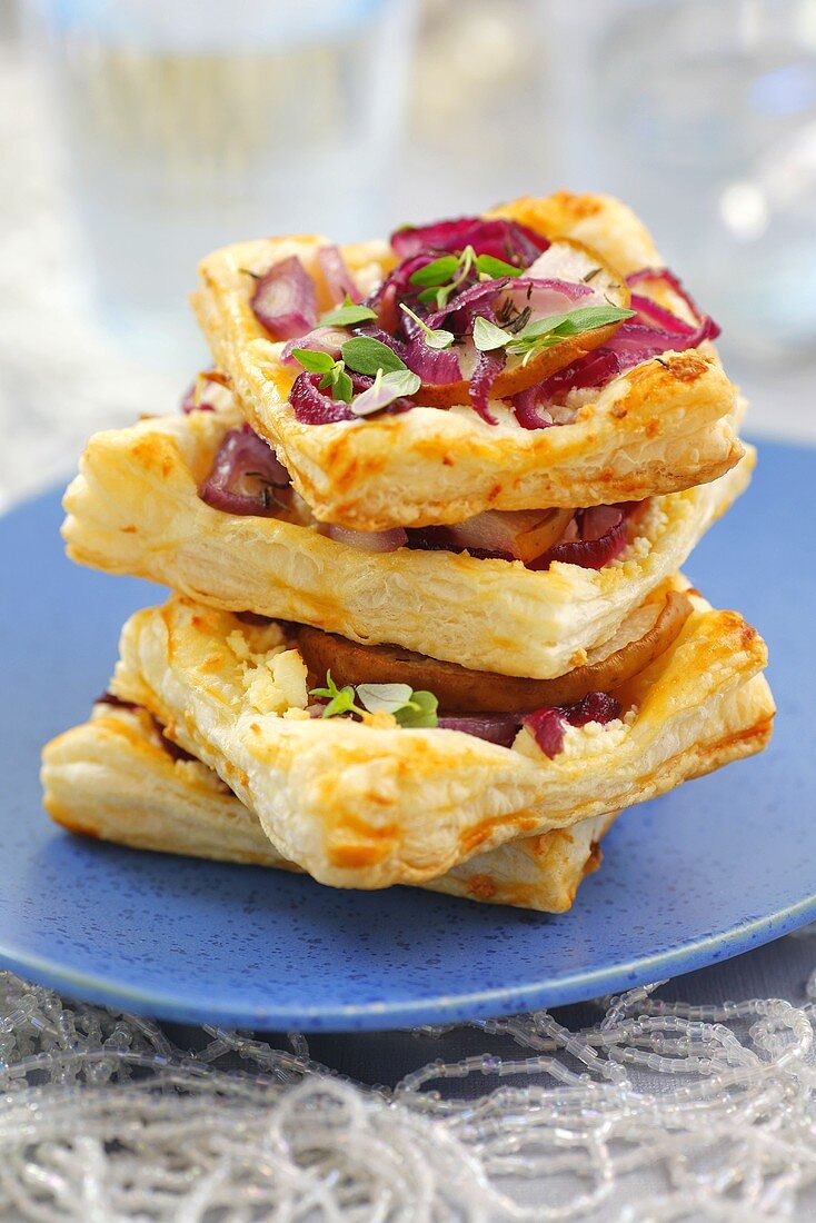 Onion, pear and feta puff pastry tarts with thyme