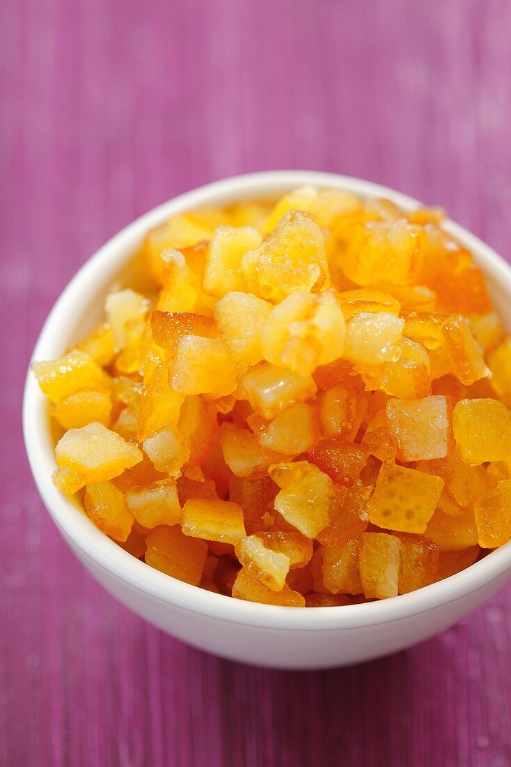 Candied orange peel in small bowl