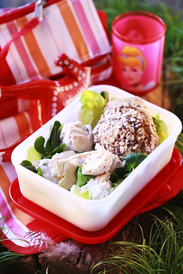 Chicken salad with bread in a plastic box for picnic