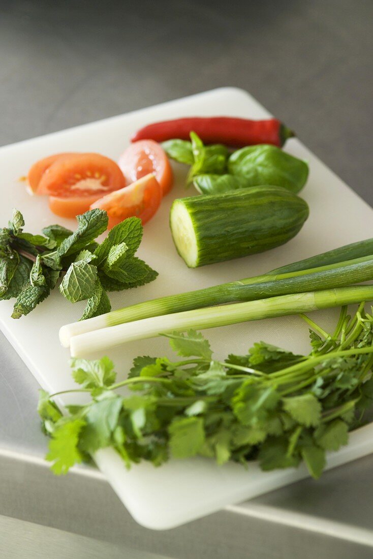 Ingredients for Thai salad (coriander, spring onions, cucumber)
