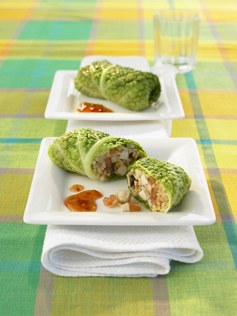 Steamed stuffed savoy cabbage leaves with mushroom filling