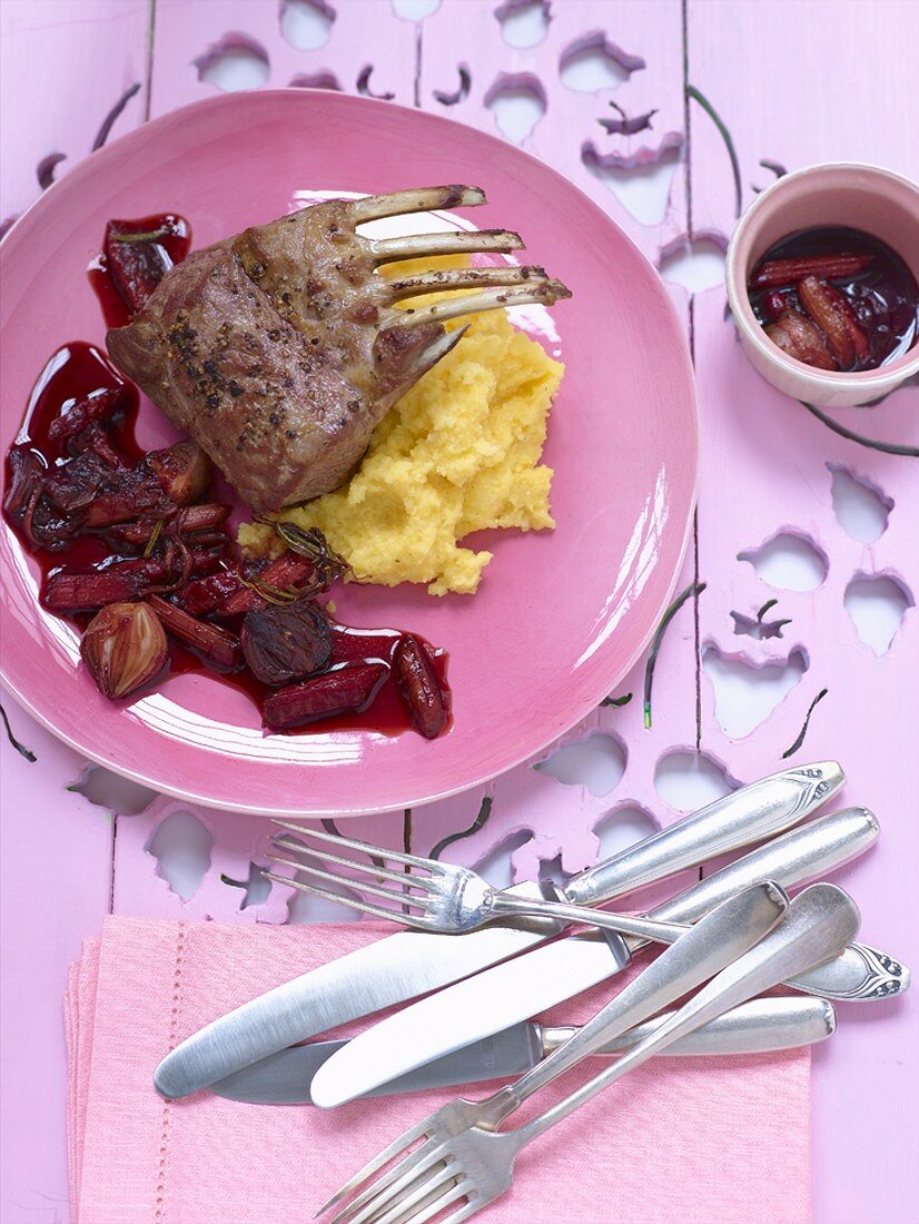 Rack of lamb with caramelised rhubarb and polenta