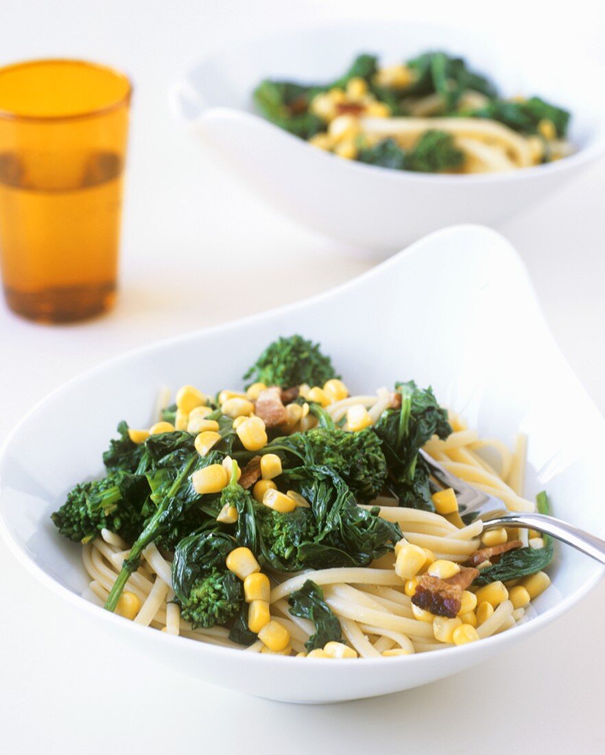 Linguine with broccoli rabe, bacon and sweetcorn kernels