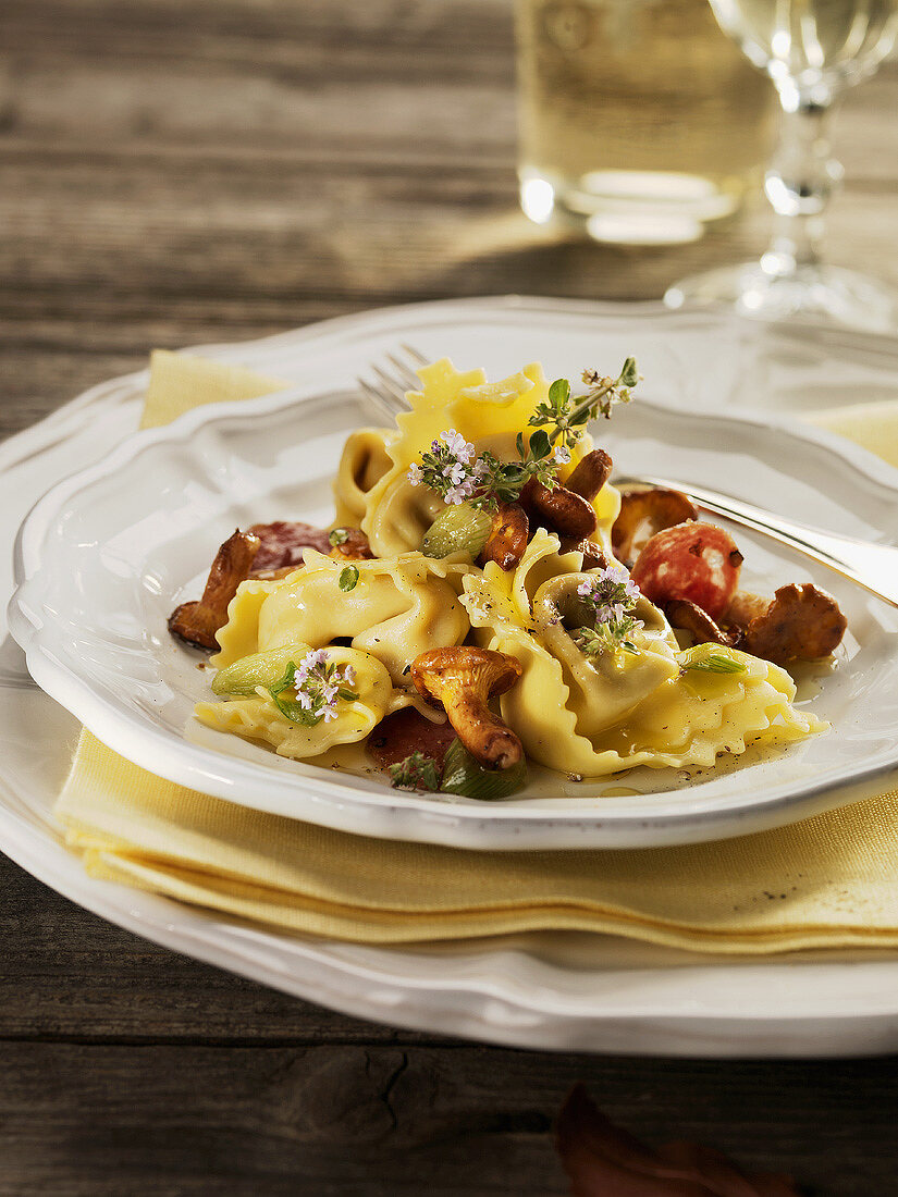 Ricotta ravioli with chanterelles, salami & thyme (Maggia Valley, CH)