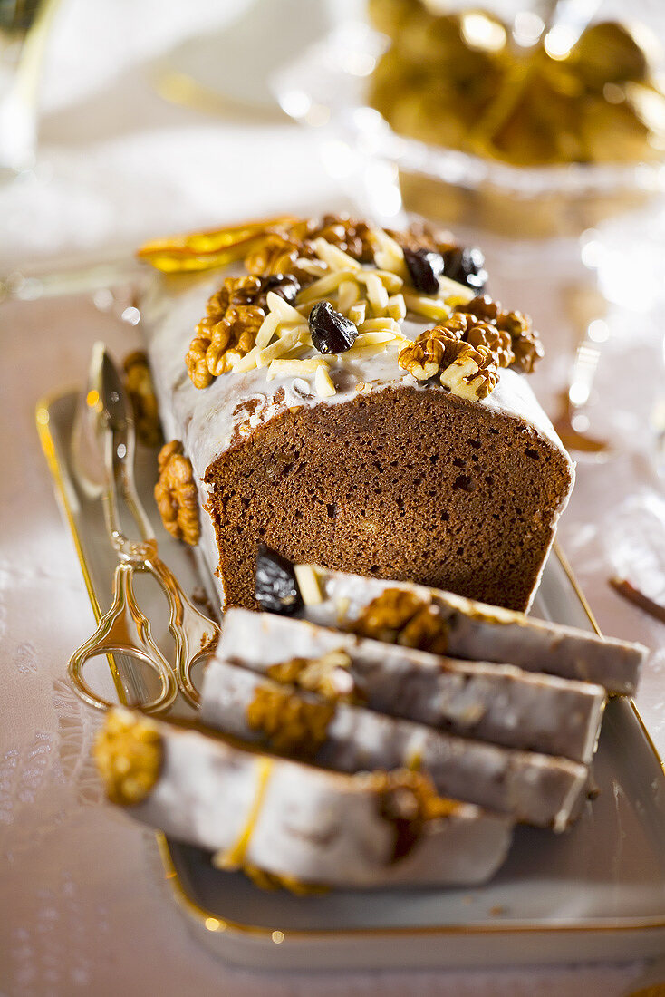Iced ginger cake with nuts for Christmas