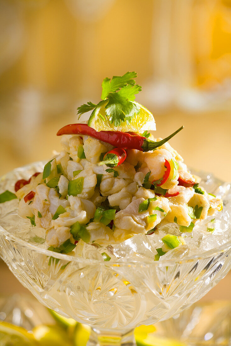 Cod ceviche with lime and chillies on ice
