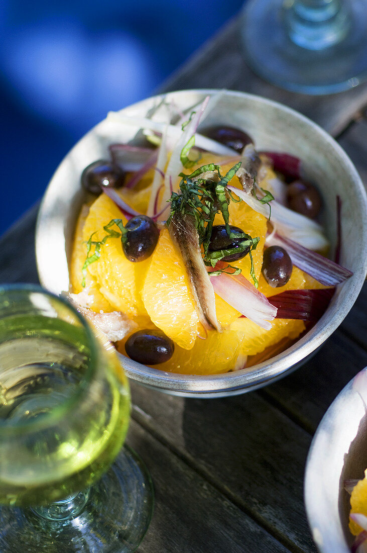 Orange salad with anchovies and black olives