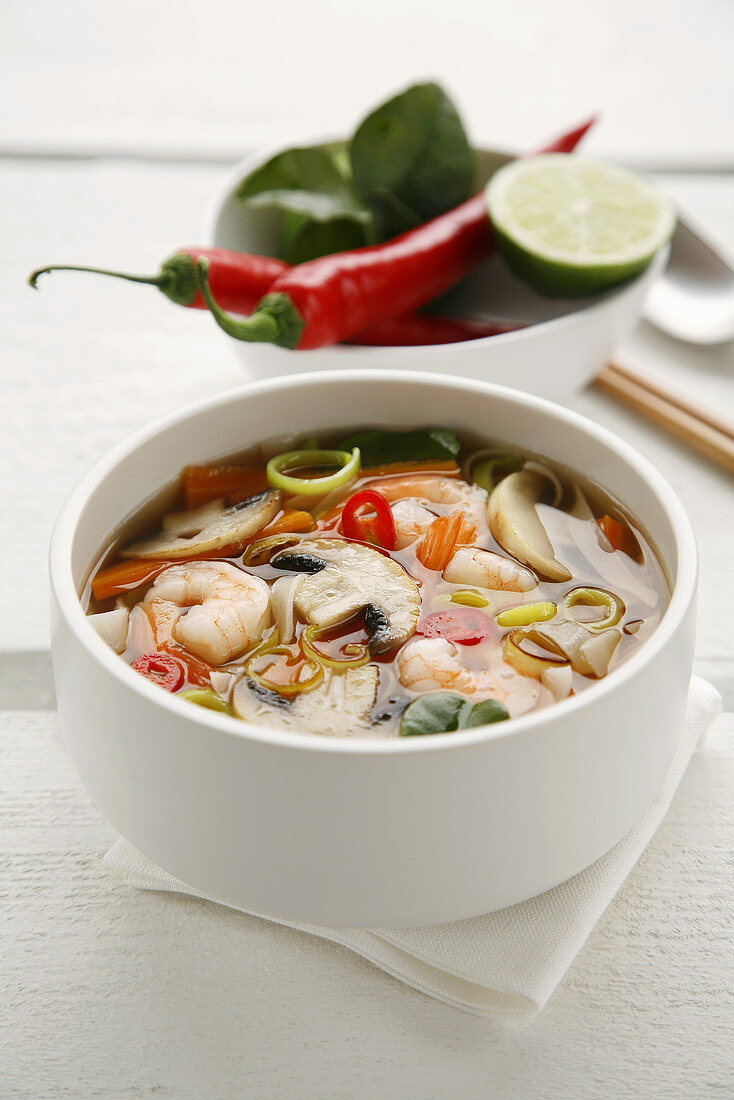 Asian soup with mushrooms and prawns
