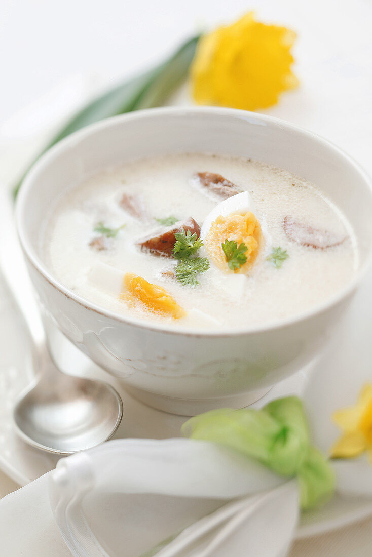 Horseradish soup with egg and sausage for Easter (Poland)