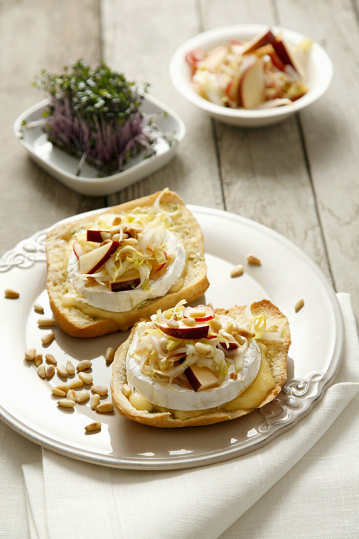 Crostini with Camembert and chicory and apple salad