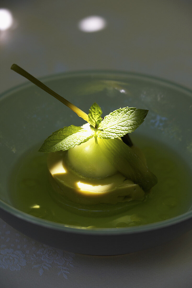 Apple sorbet with mint leaf