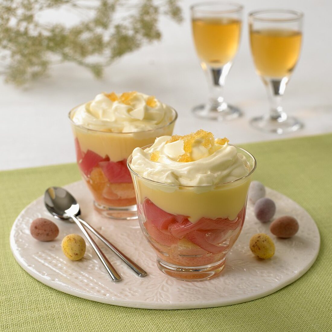 Rhubarb trifle with custard and cream