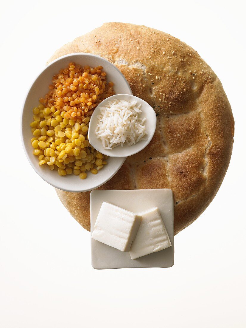 Ayurvedic diet: flatbread, lentils, rice and feta cheese