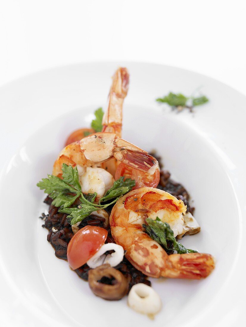 Prawns on red wine risotto