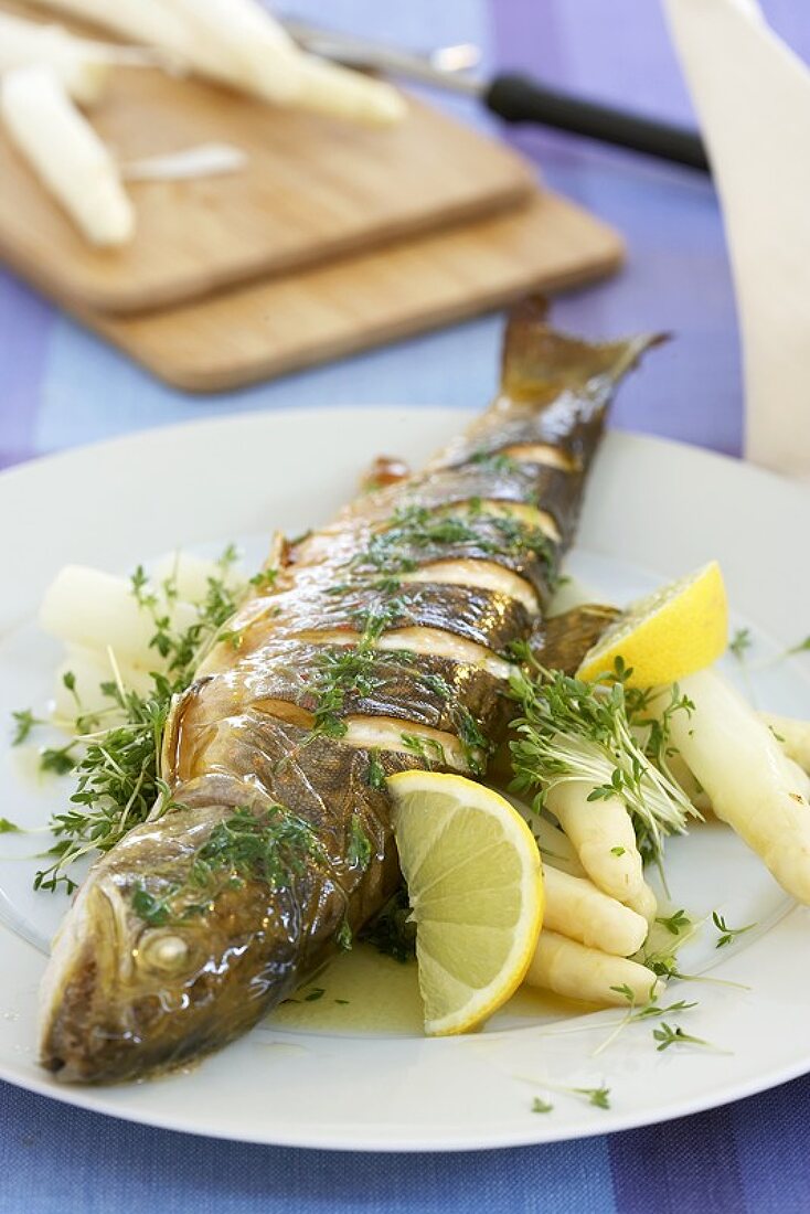 Charr with white asparagus and cress