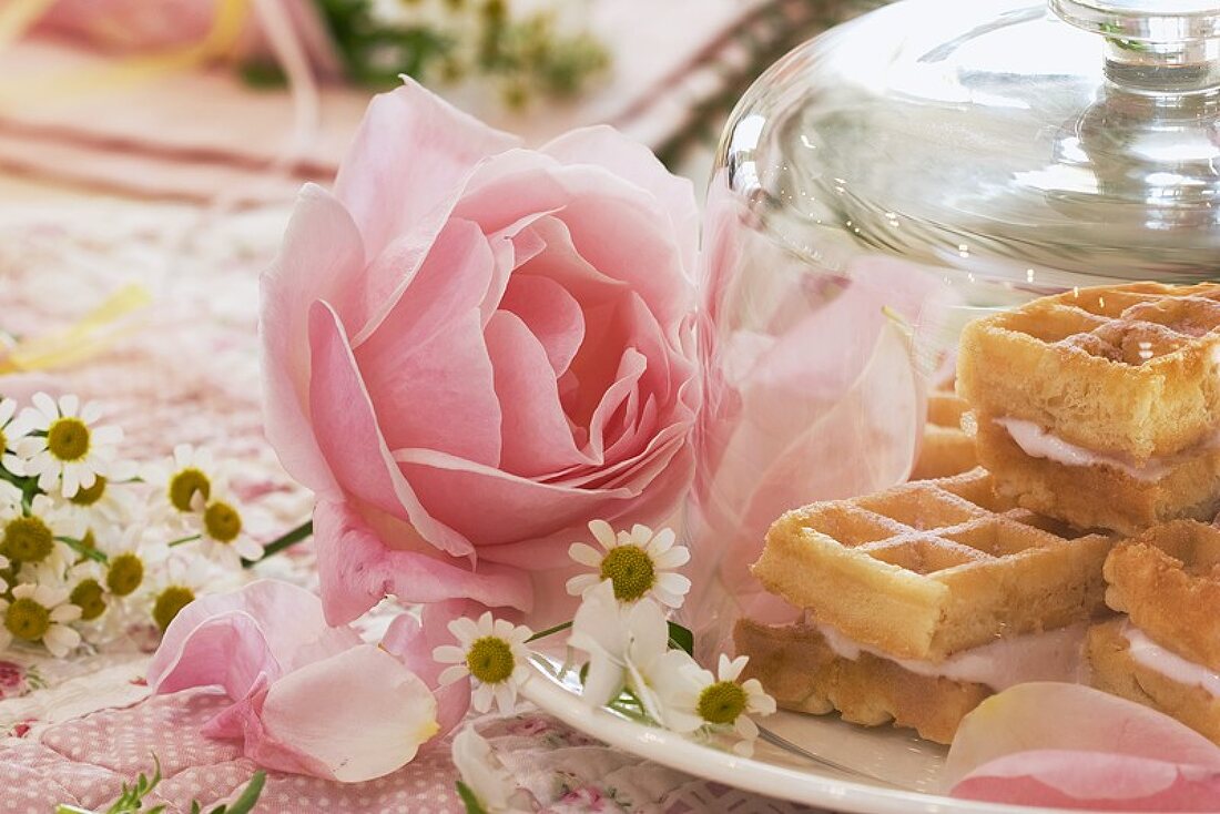 Waffles filled with rose cream