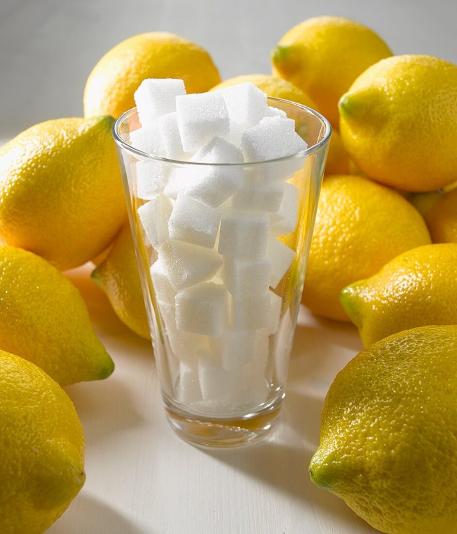 Wasserglas mit Würfelzucker in Zitronen